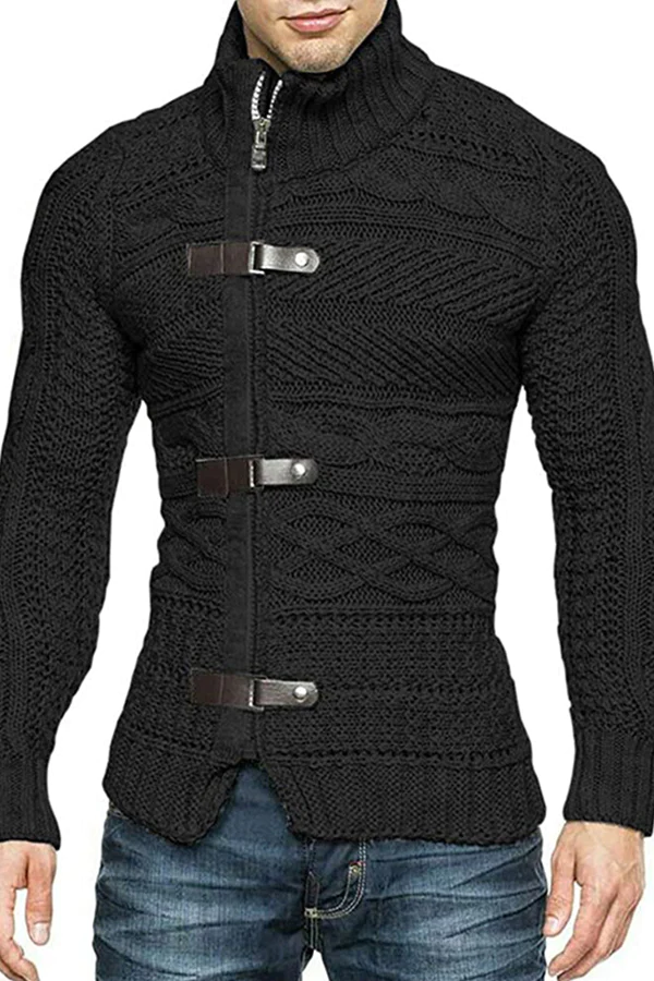 Men's Leather Button Long Sleeve Knit Cardigan Jacket