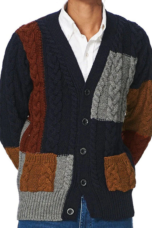 Men's V-Neck Jacquard Striped Cardigan Sweater