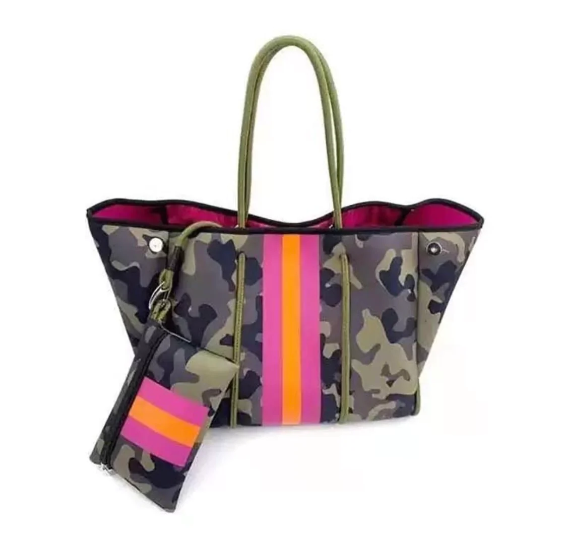 Green Camo Pink Striped Neoprene Tote Bag