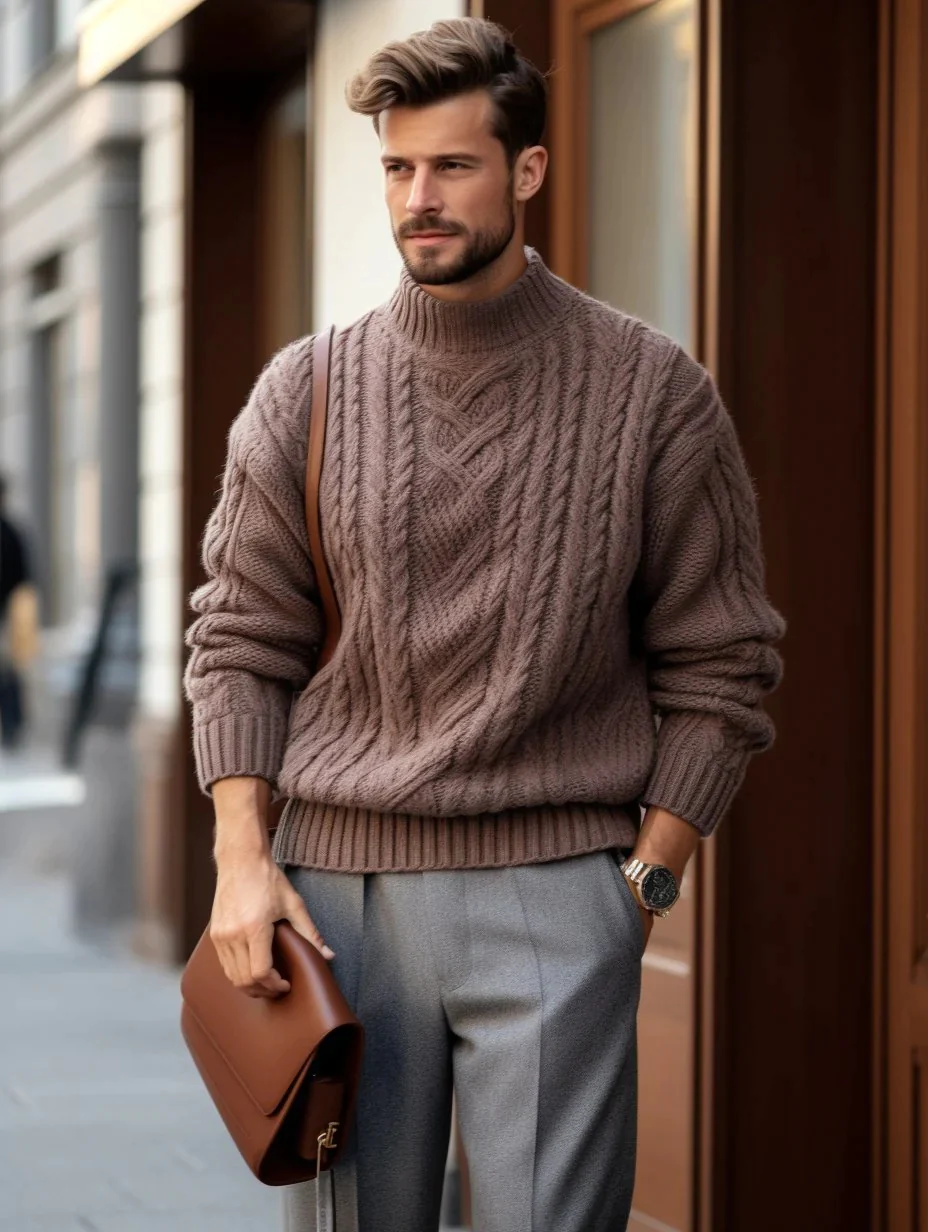 Men's Coffee Knitted Sweater Shirt