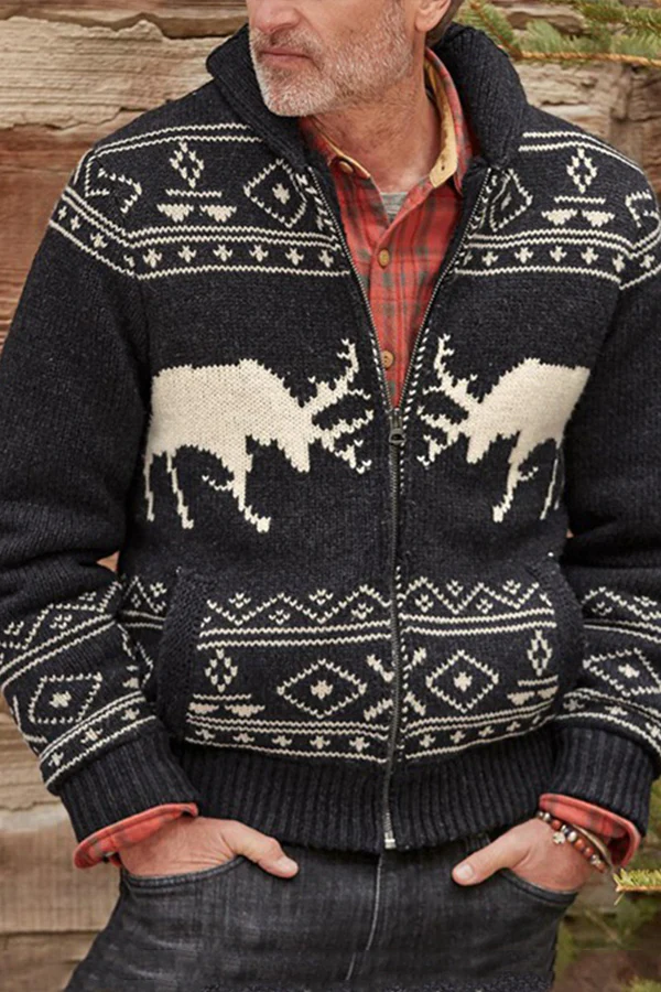 Black winter autumn Fawn Jacquard Long Sleeves Cardigan