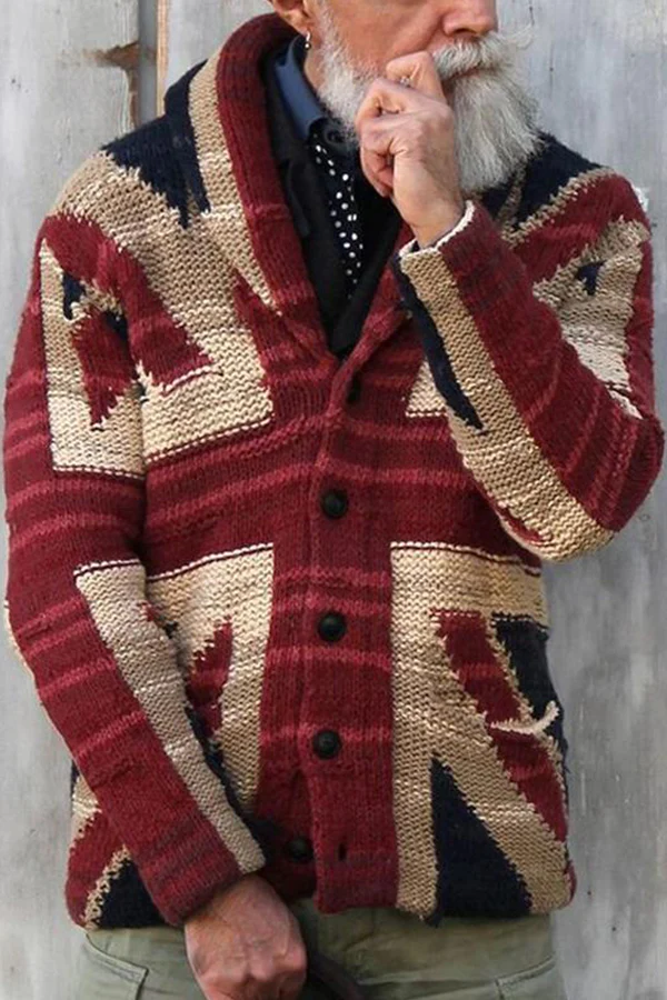 MEN'S BRITISH FLAG LAPEL SINGLE BREASTED KNIT CARDIGAN