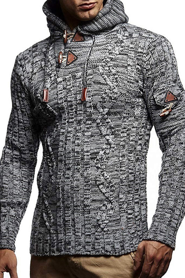 Men's Sweater Long Sleeve Slim Knit Pullover with Hooded Horn Button