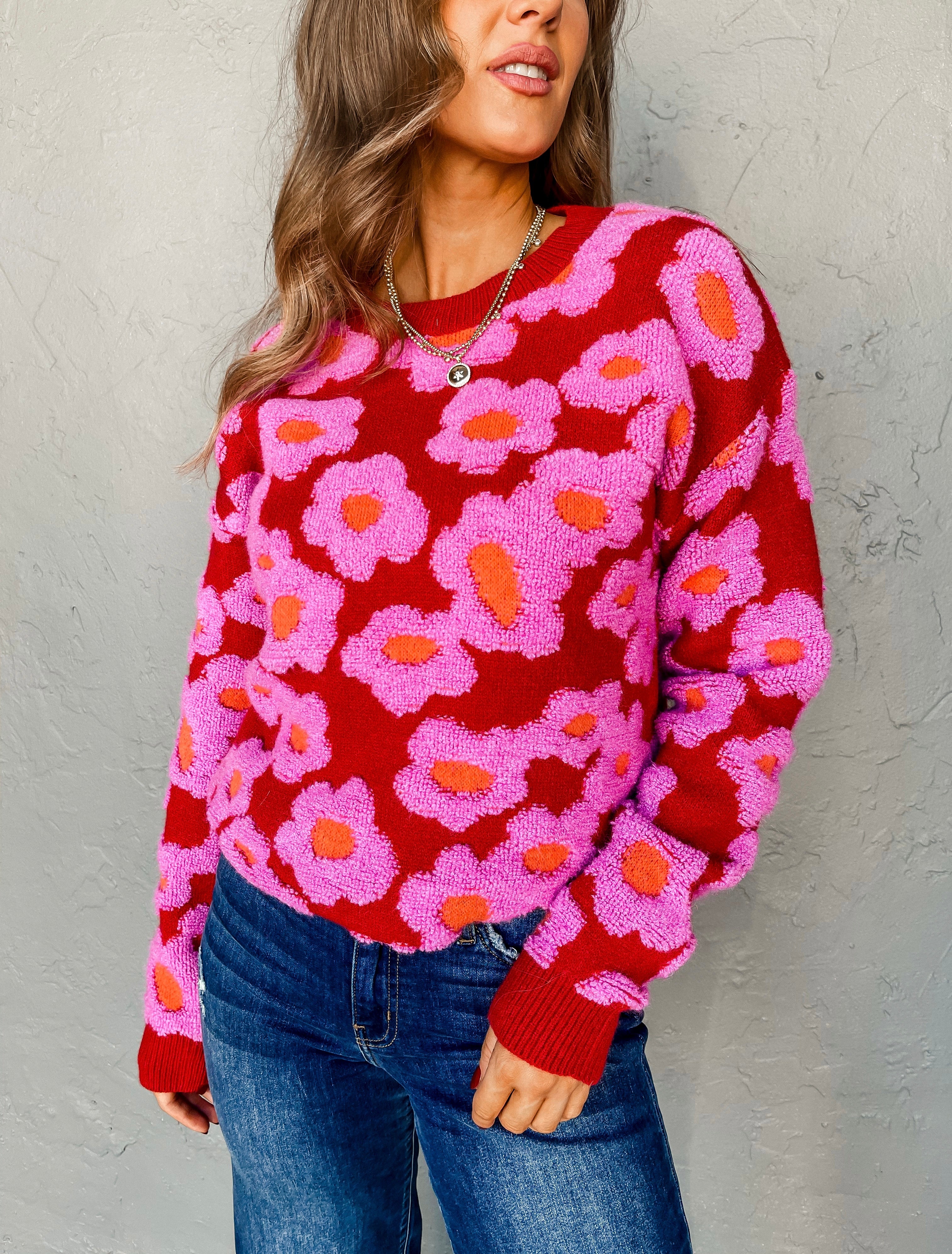 Makes Me Happy Floral Sherpa Knit Sweater