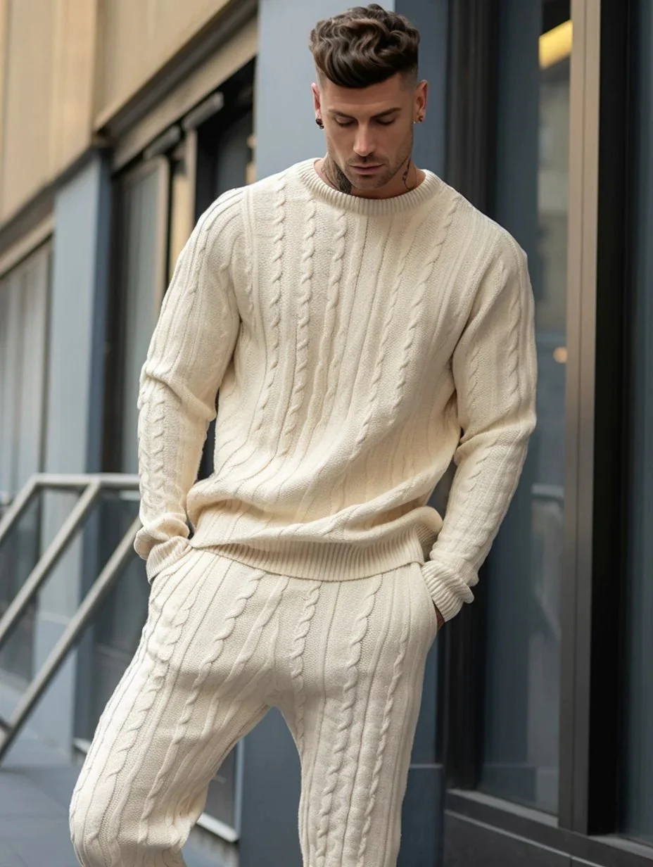 Men's Beige Thick Knitted Sweater