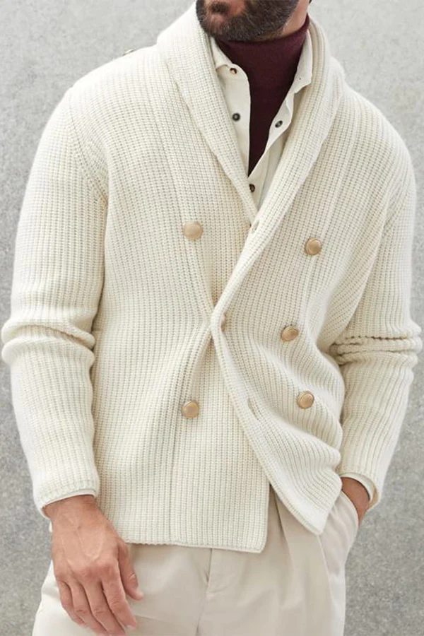MEN'S CASUAL SOLID COLOR LAPEL DOUBLE BREASTED KNITTED CARDIGAN