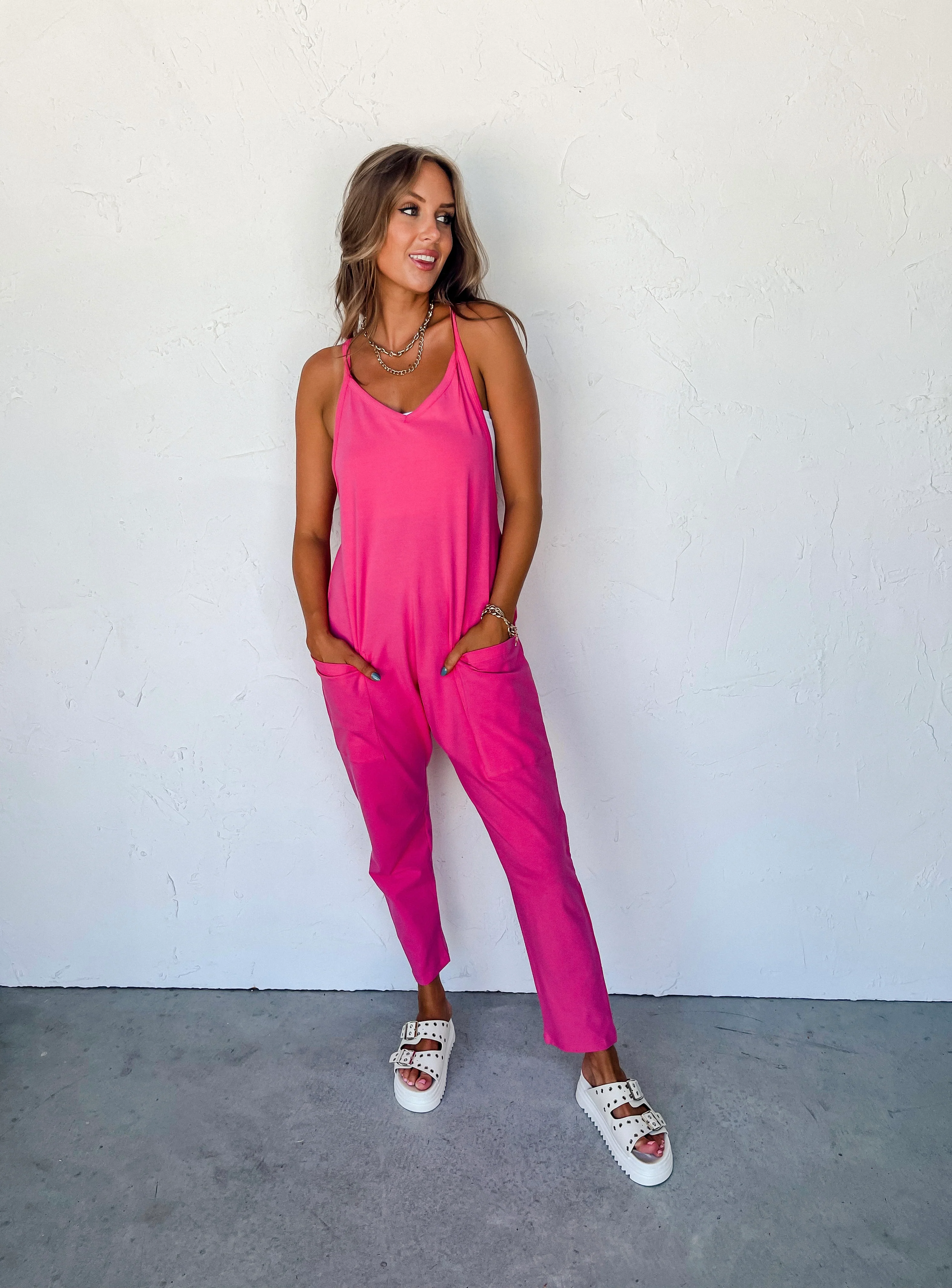 Crowd Pleaser Jersey Jumpsuit-Fuchsia