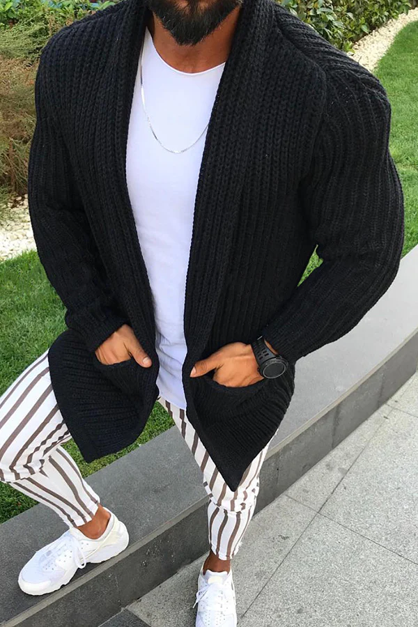 Mens Slim Lapel Knitted Sweater Long Sleeve Cardigan