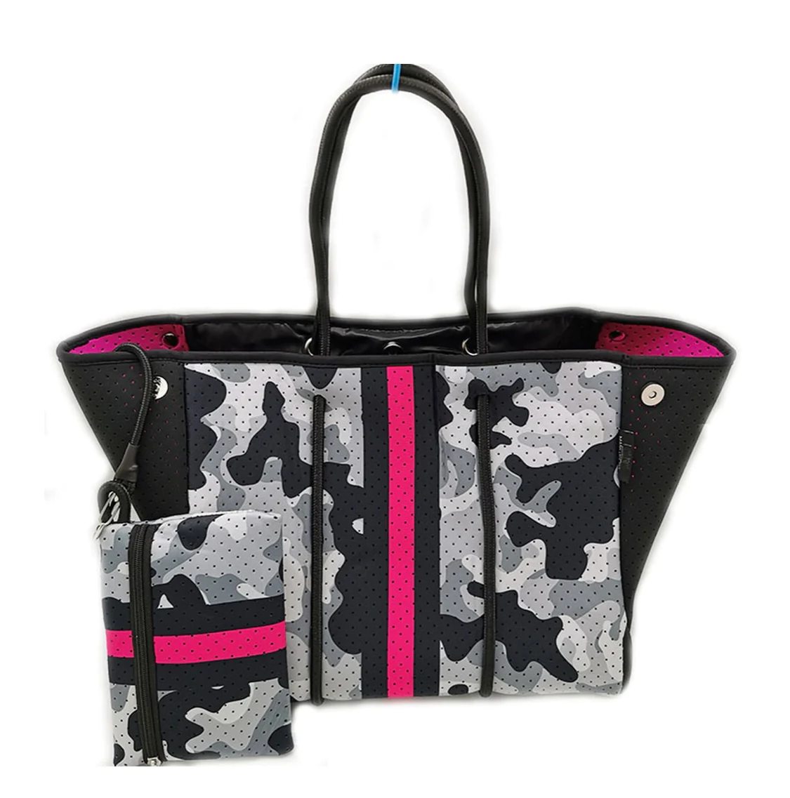 B&W Camo with Pink/purple Stripe, Neoprene Tote