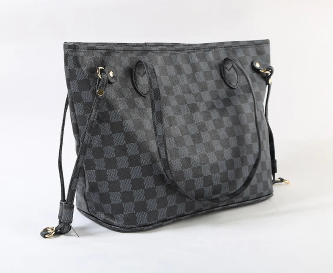 Gray Checked Tote Bag with Matching Purse