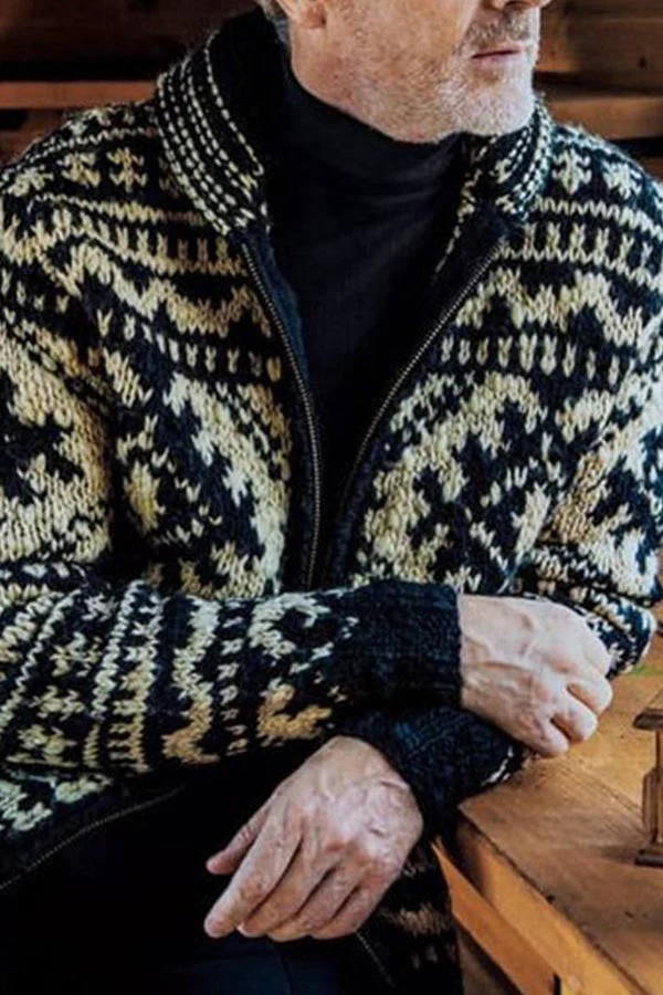 Jacquard Lapel Long Sleeve Knit Jacket