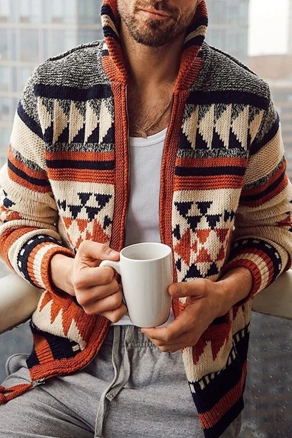 Men's Casual Jacquard Cardigan Coat Long Sleeve Lapel Loose Sweater