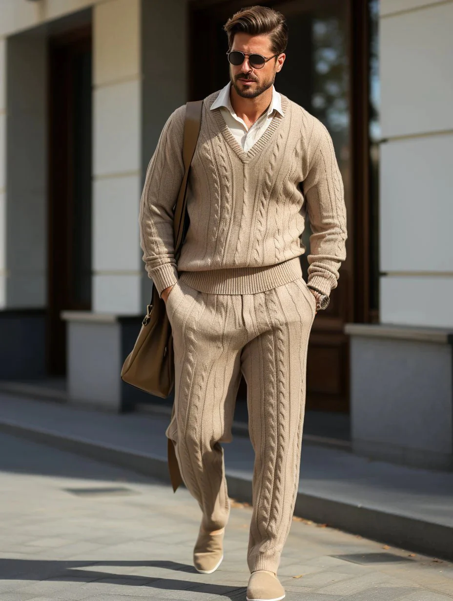 Men's V-Neck Knitted Sweater Set