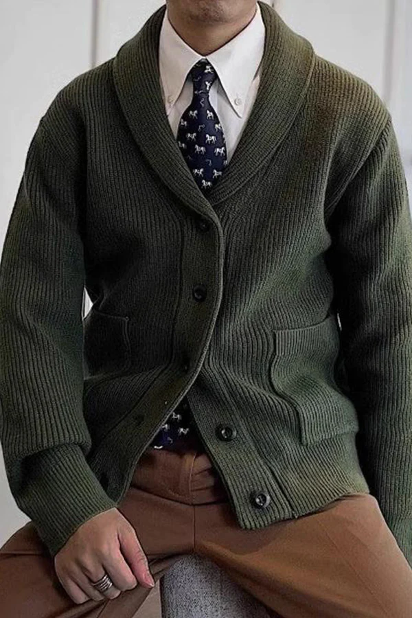 MEN'S VINTAGE SOLID COLOR BRITISH STYLE SHAWL COLLAR KNITTED CARDIGAN