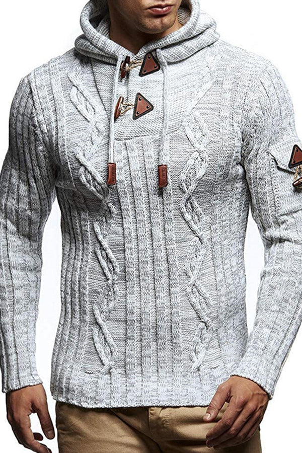 Men's Sweater Long Sleeve Slim Knit Pullover with Hooded Horn Button