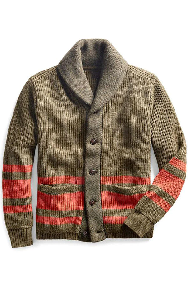 MEN'S STRIPED JACQUARD LAPEL ZIP KNIT CARDIGAN