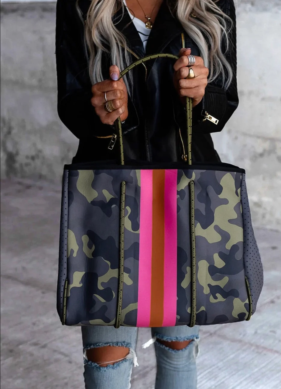 Green Camo Pink Striped Neoprene Tote Bag