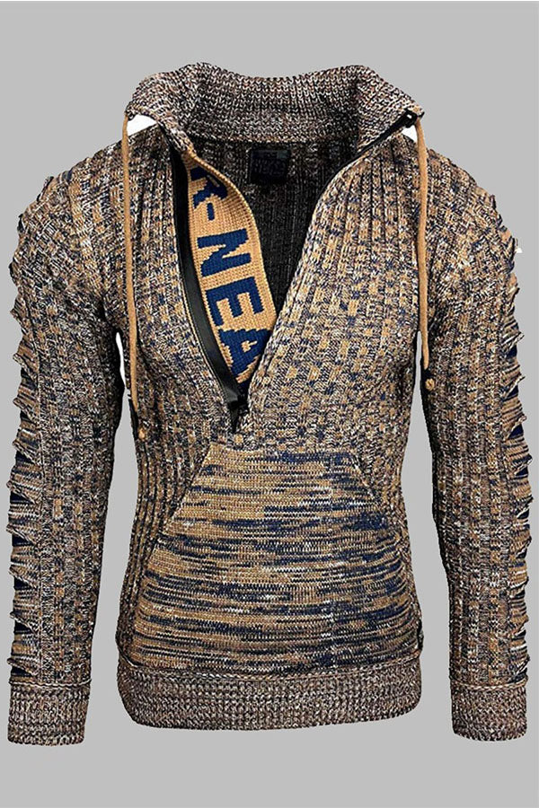 Stylish Letter Print Kangaroo Pocket Brown Men Sweater