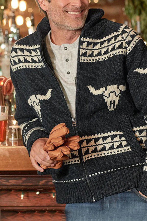 Retro winter autumn Black Jacquard Sweater Zipper Cardigan