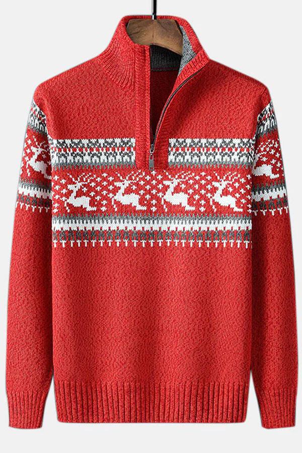 Christmas Moose Print Half Zip Sweater