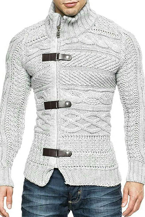 Men's Leather Button Long Sleeve Knit Cardigan Jacket