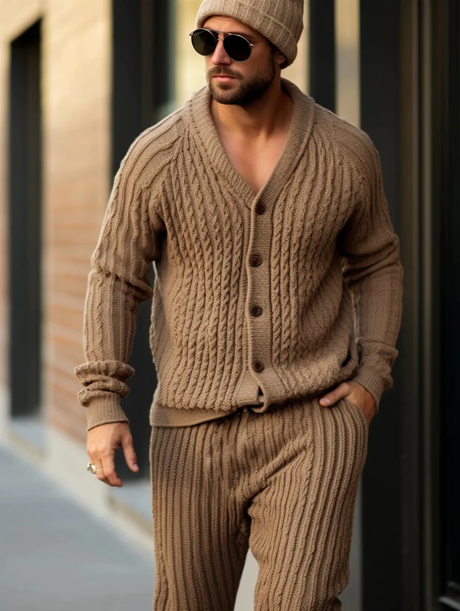 Winter Men's Brown Buttons Thick Knitted