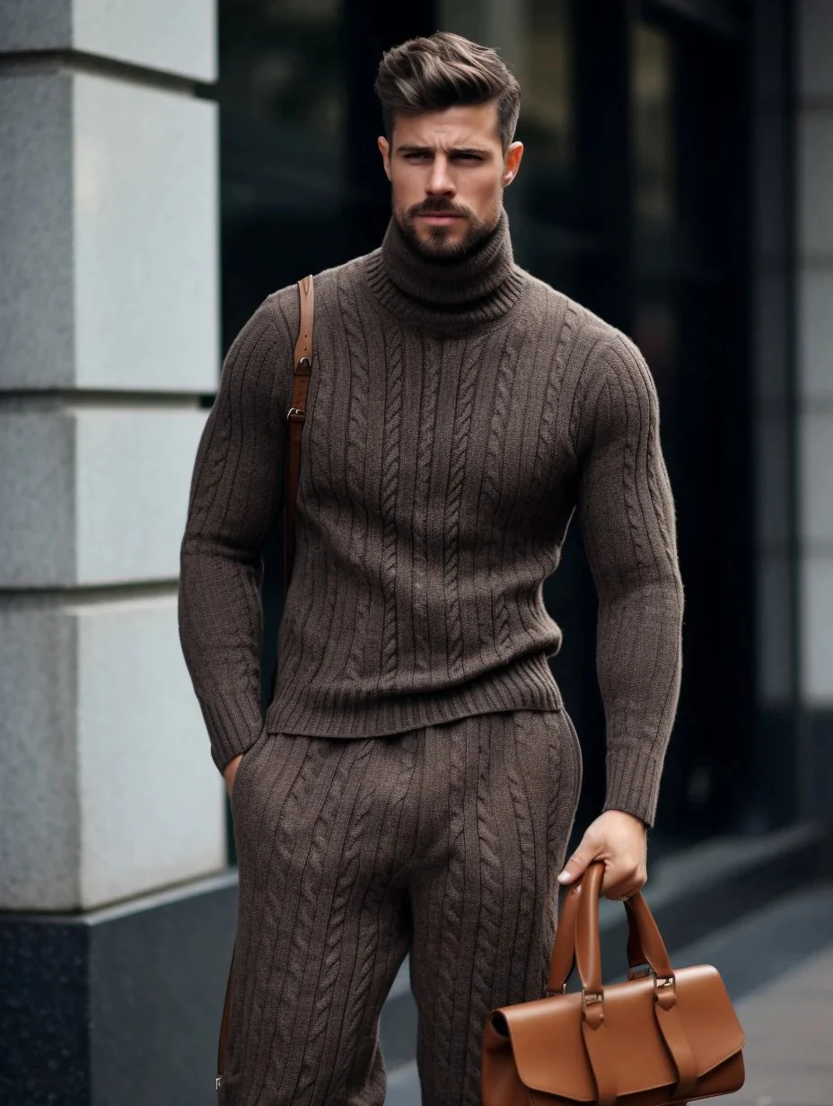 Winter Men's Coffee Color Luxury Thick Knitted
