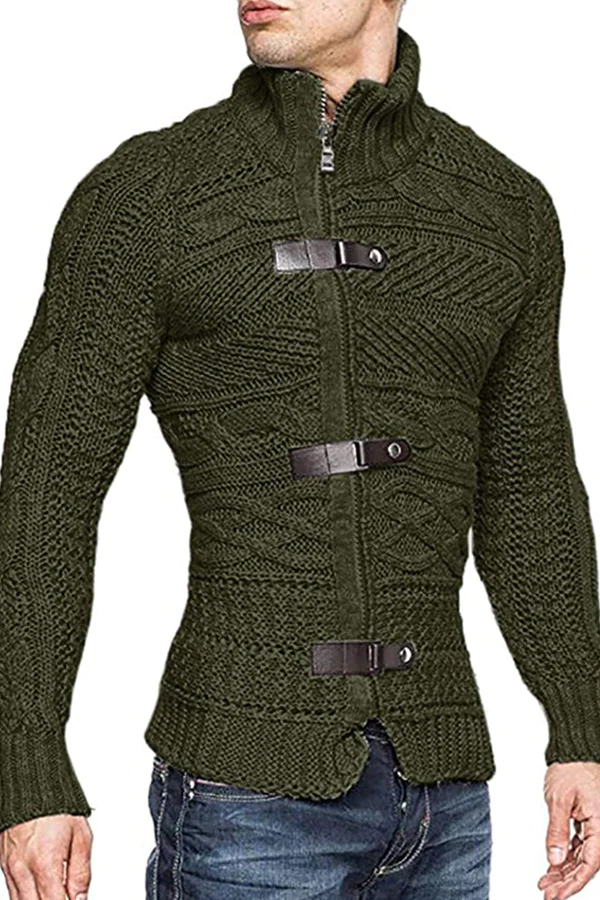 Men's Leather Button Long Sleeve Knit Cardigan Jacket