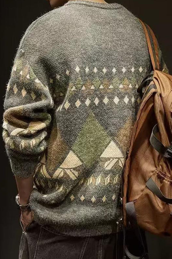 MEN'S GEOMETRIC PATTERNS ROUND NECK LONG SLEEVE SWEATER