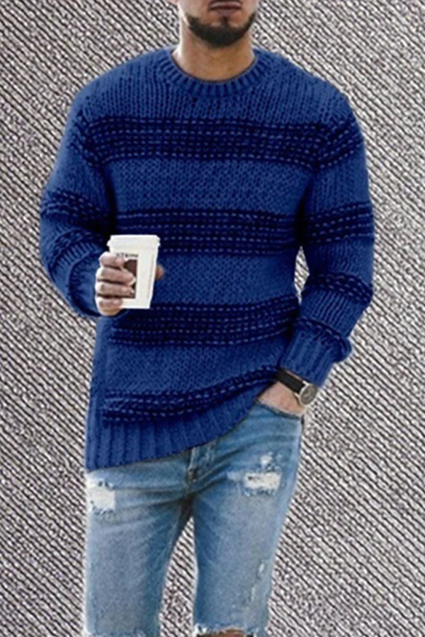 Mens Autumn And Winter Fashion Round Neck Knitted Top Striped Casual Sweater