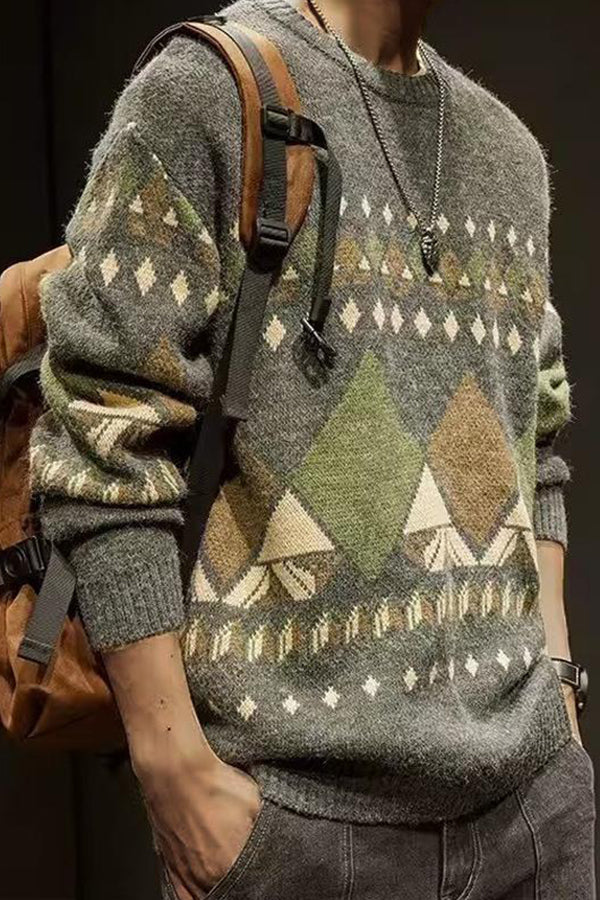 MEN'S GEOMETRIC PATTERNS ROUND NECK LONG SLEEVE SWEATER