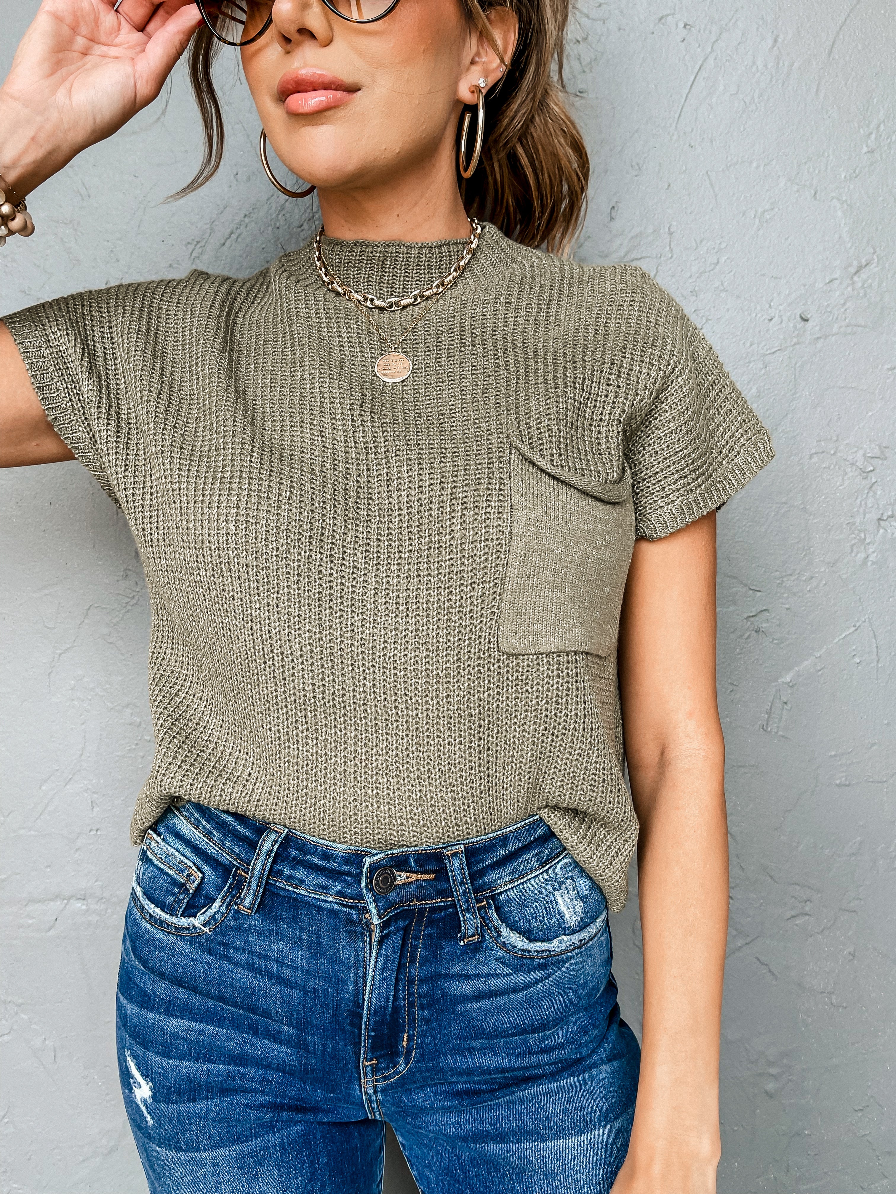 Hooked On You Short Sleeve Sweater-Olive