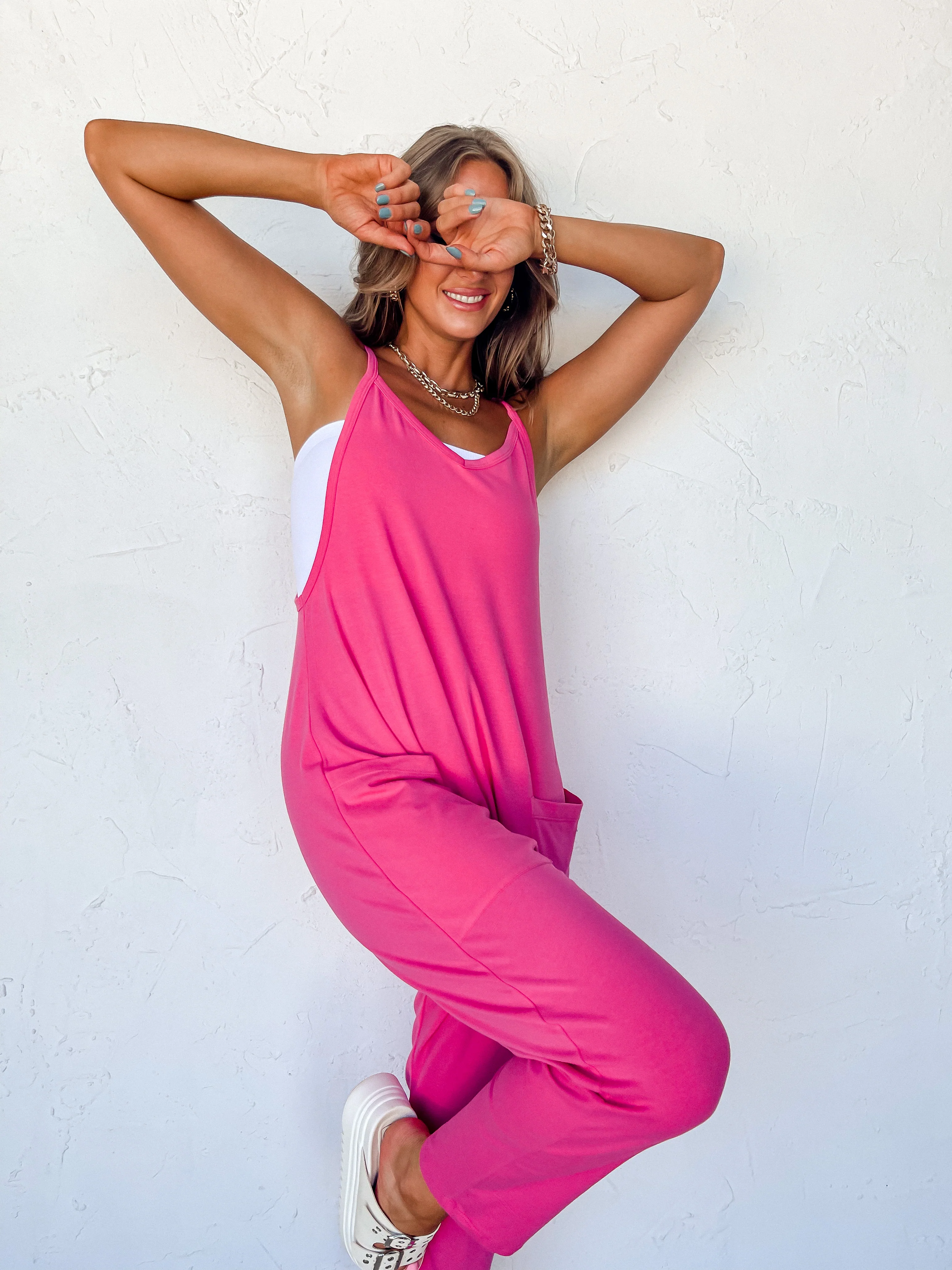 Crowd Pleaser Jersey Jumpsuit-Fuchsia
