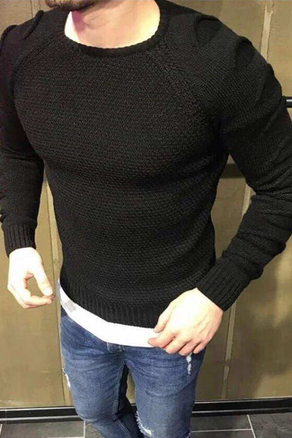 T60 Men's Round Collar Burst Shoulder Sleeve Hole Long Sleeve Sweater Sweater