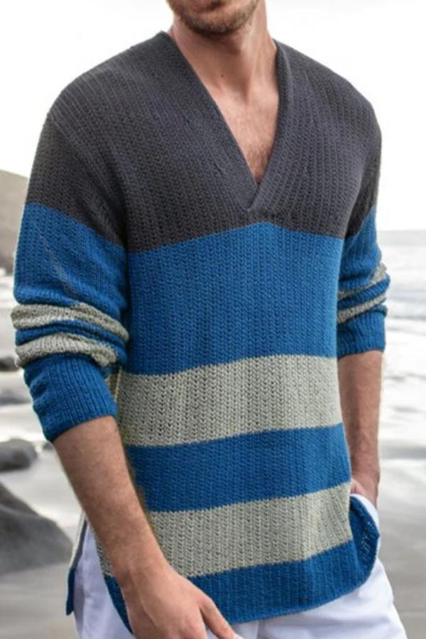 Men's Contrast Striped V-Neck Thickened Sweater