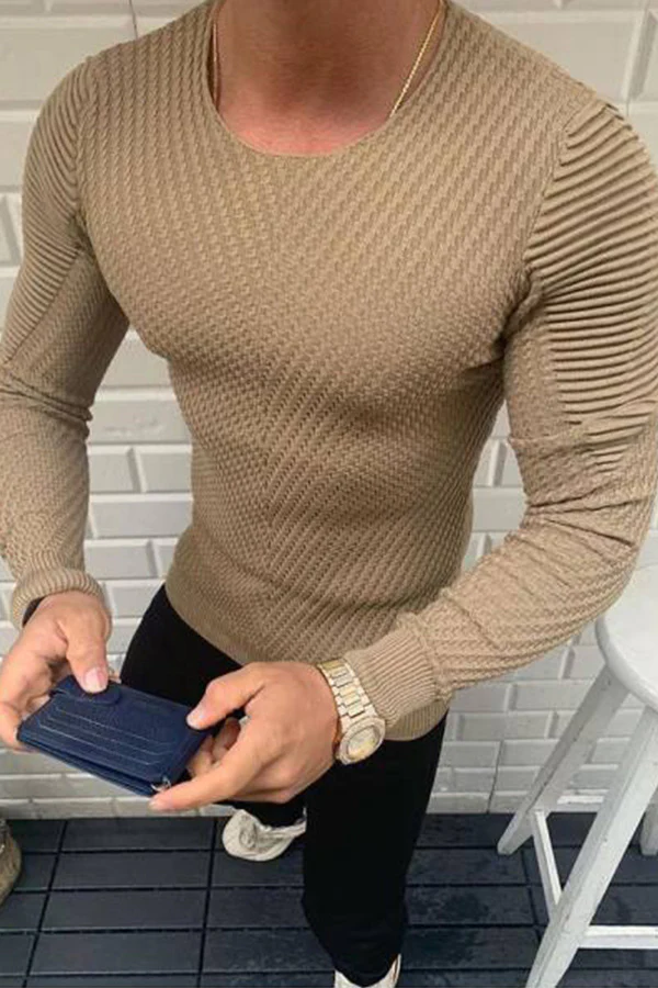 Mens Solid Color Rounded Long-Sleeved Sweater