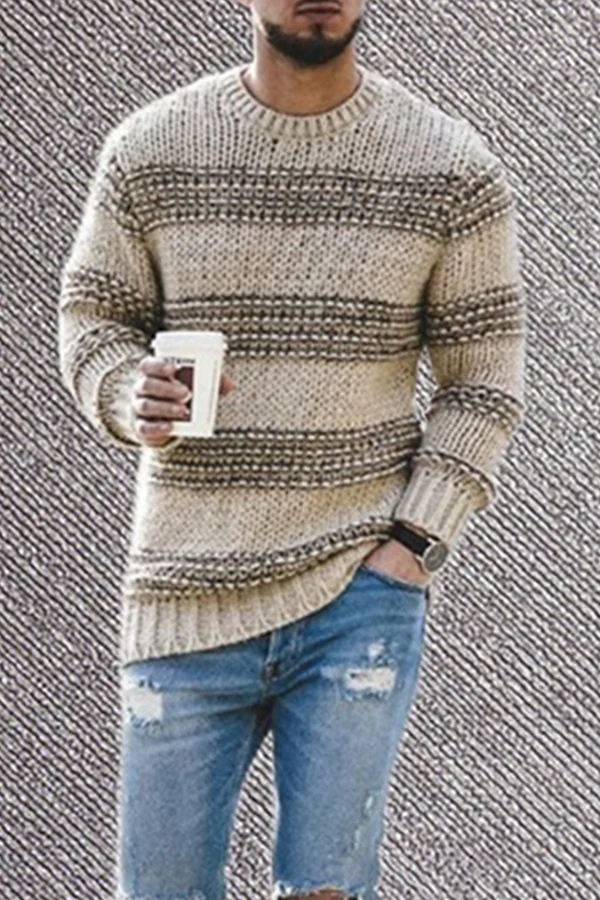 Mens Autumn And Winter Fashion Round Neck Knitted Top Striped Casual Sweater