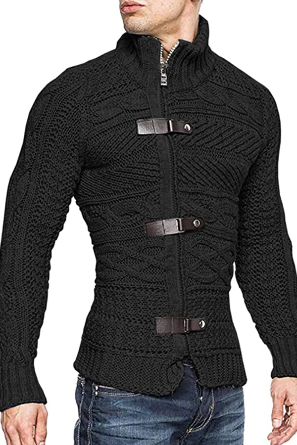 Men's Leather Button Long Sleeve Knit Cardigan Jacket