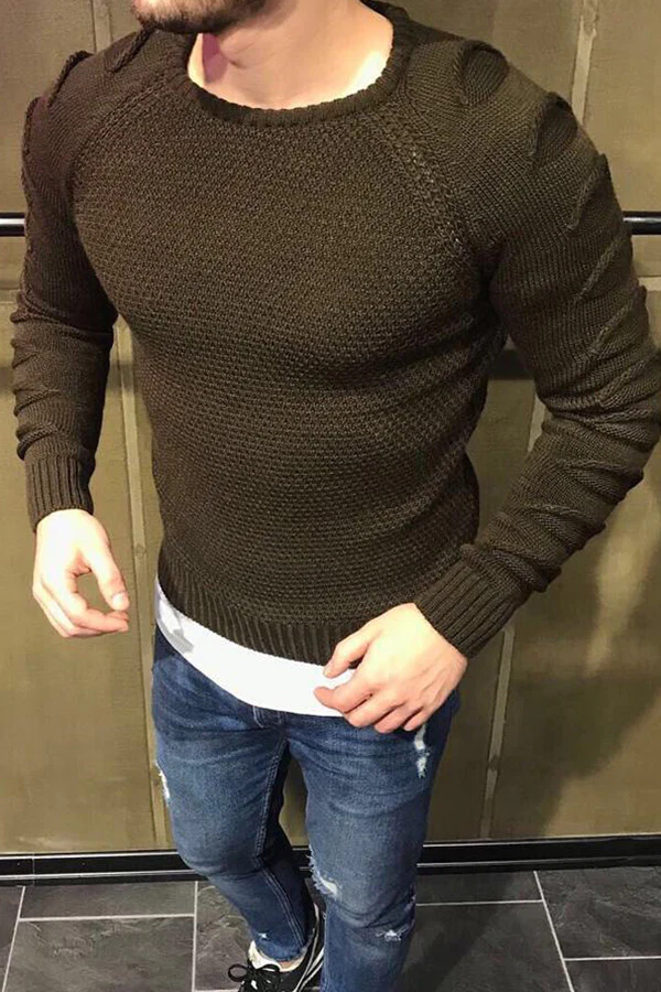 T60 Men's Round Collar Burst Shoulder Sleeve Hole Long Sleeve Sweater Sweater