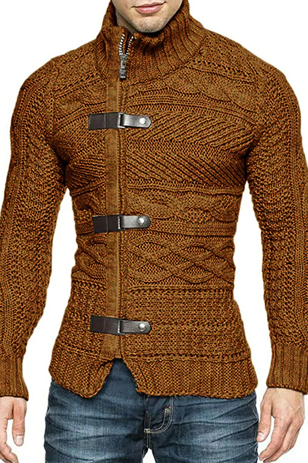 Men's Leather Button Long Sleeve Knit Cardigan Jacket