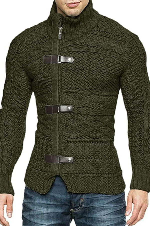 Men's Leather Button Long Sleeve Knit Cardigan Jacket