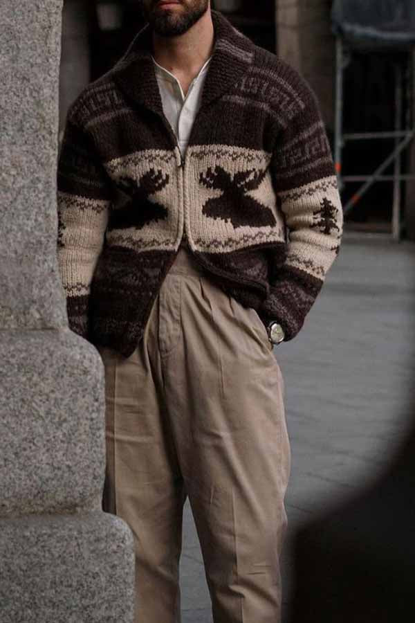 Men's Long-sleeved Loose Casual V-neck Sweater Jacket