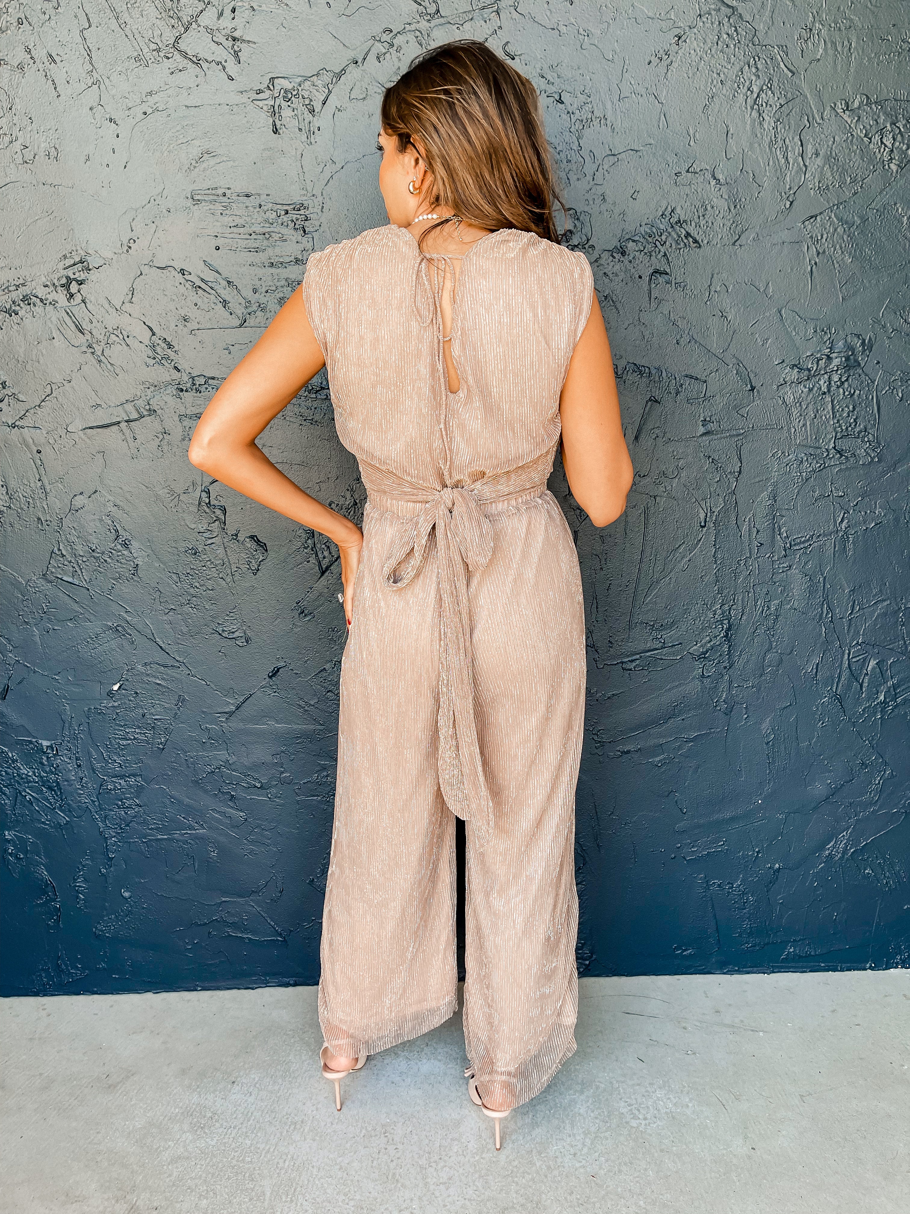 Last Chance Metallic Plisse Wide Leg Jumpsuit