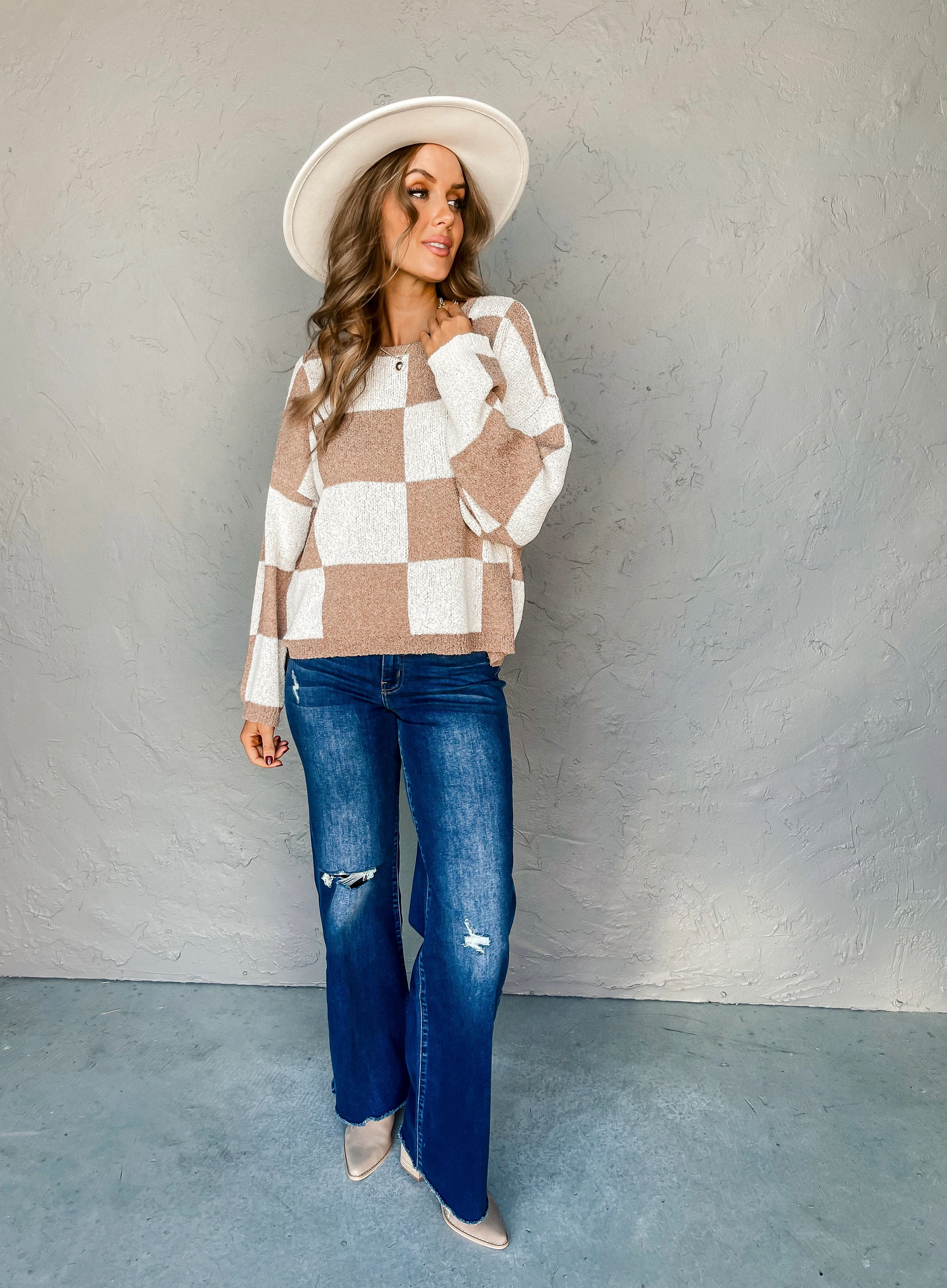 Perfect Mix Checkered Sweater-Brown