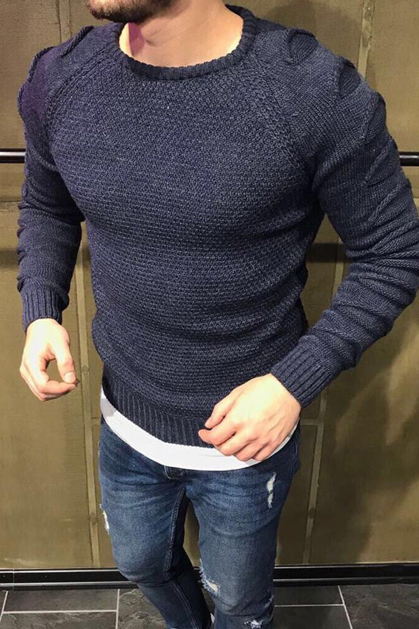 T60 Men's Round Collar Burst Shoulder Sleeve Hole Long Sleeve Sweater Sweater