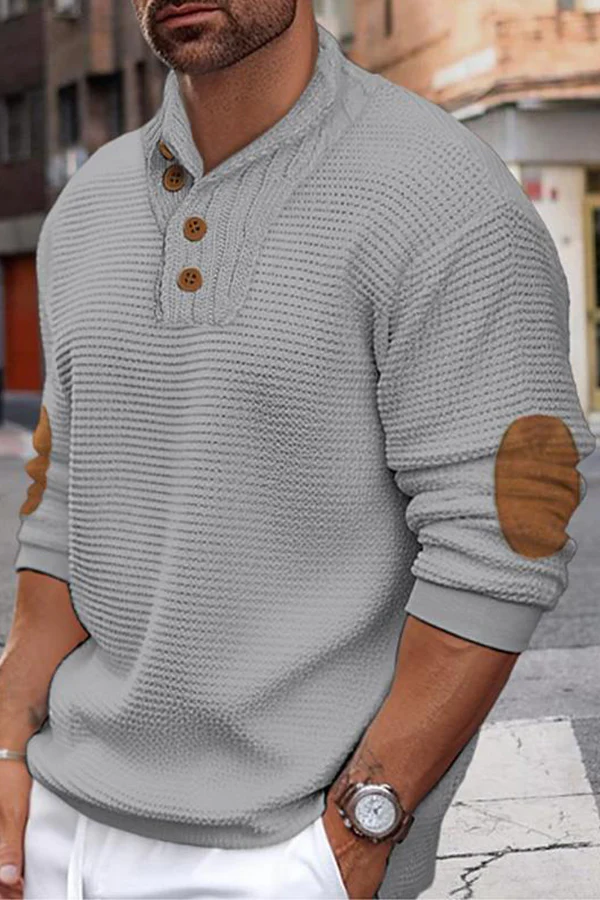 MEN'S VINTAGE COLOR BLOCK BUTTON HENLEY NECK LONG SLEEVE SWEATER