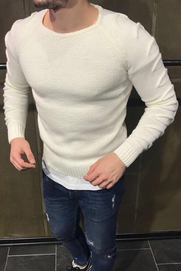 T60 Men's Round Collar Burst Shoulder Sleeve Hole Long Sleeve Sweater Sweater