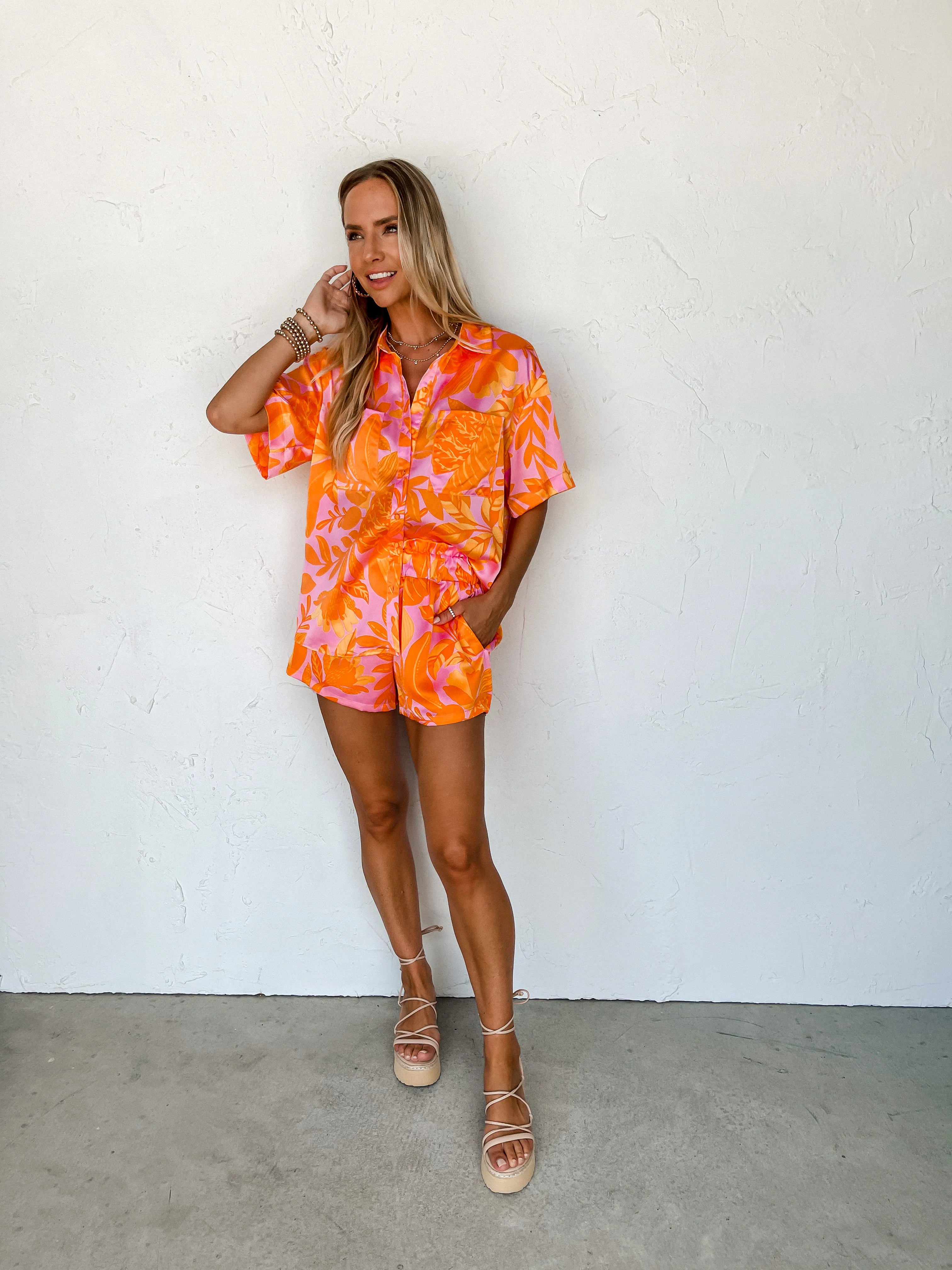 What A Wonder Floral Satin Paper Bag Shorts