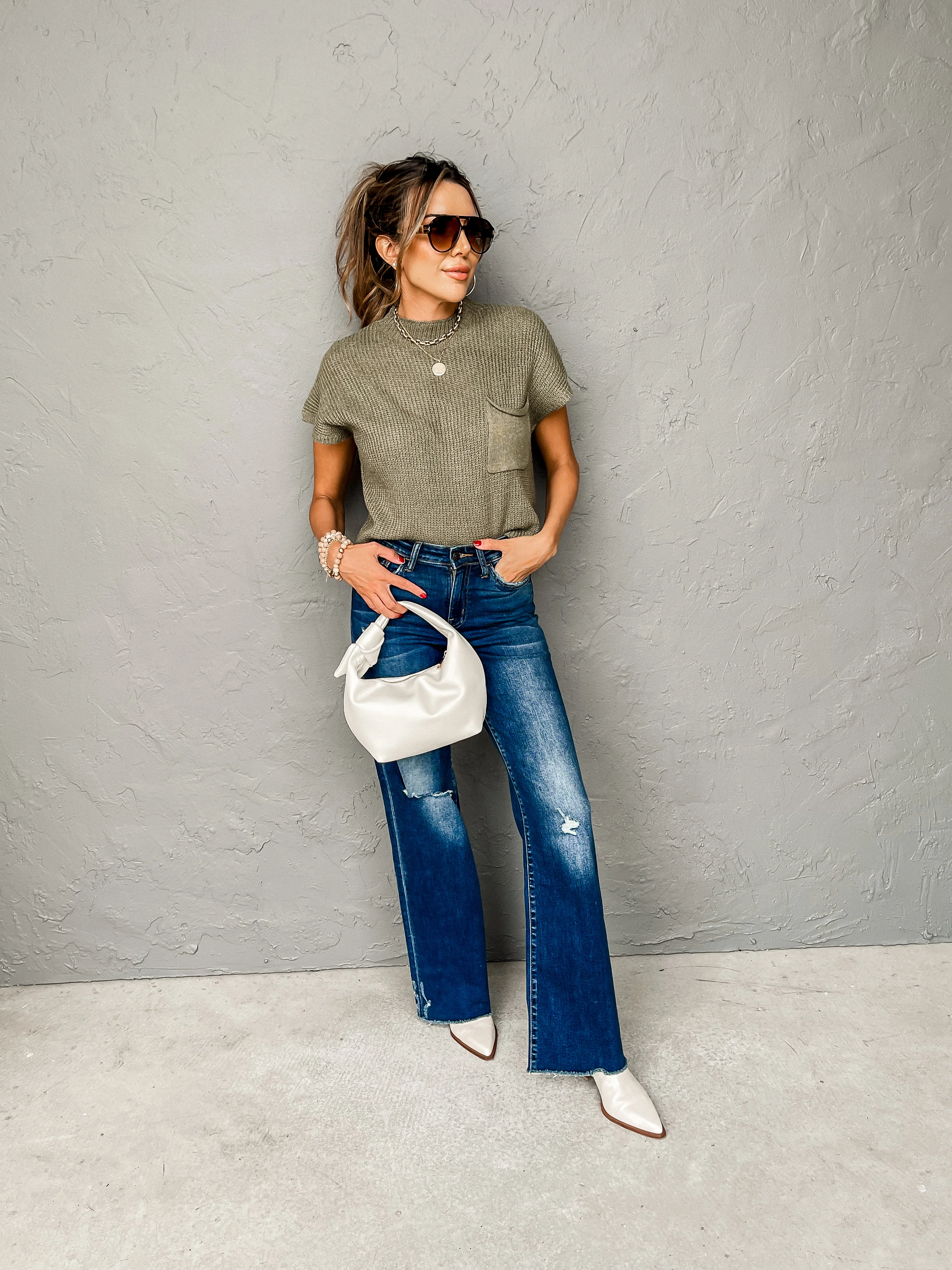 Hooked On You Short Sleeve Sweater-Olive