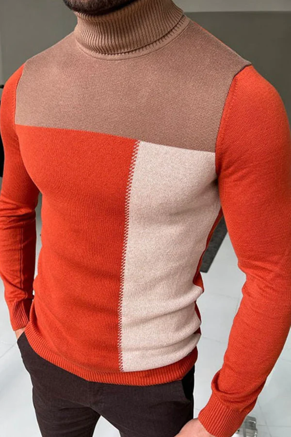 Men's Turtleneck Knitted Bottoming Shirt Contrast Color Sweater